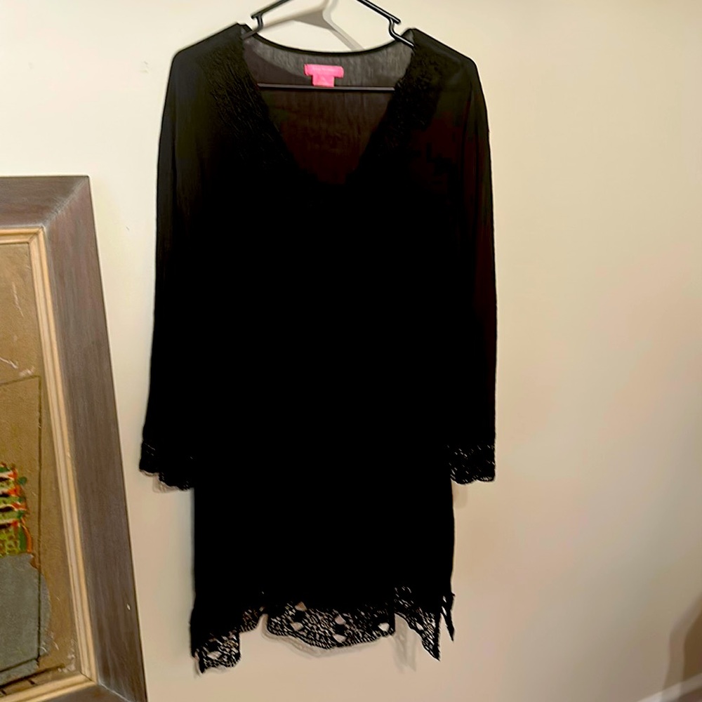 Isaac Mizrahi brand, black cotton dress with lace embellishments